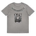 Loose fit cotton short sleeve t-shirt in grey, shown on a hanger.