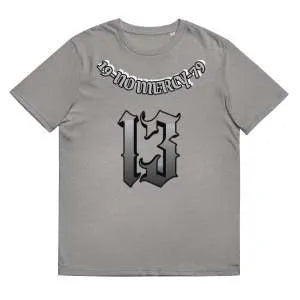 Loose fit cotton short sleeve t-shirt in grey, shown on a hanger.