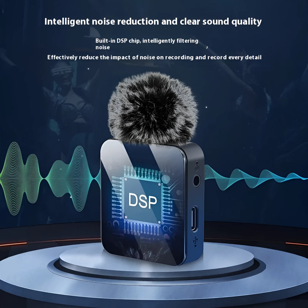 Wireless neckline clip microphone with carbon fibre transmitter, charging cable, and receiver for outdoor recording
