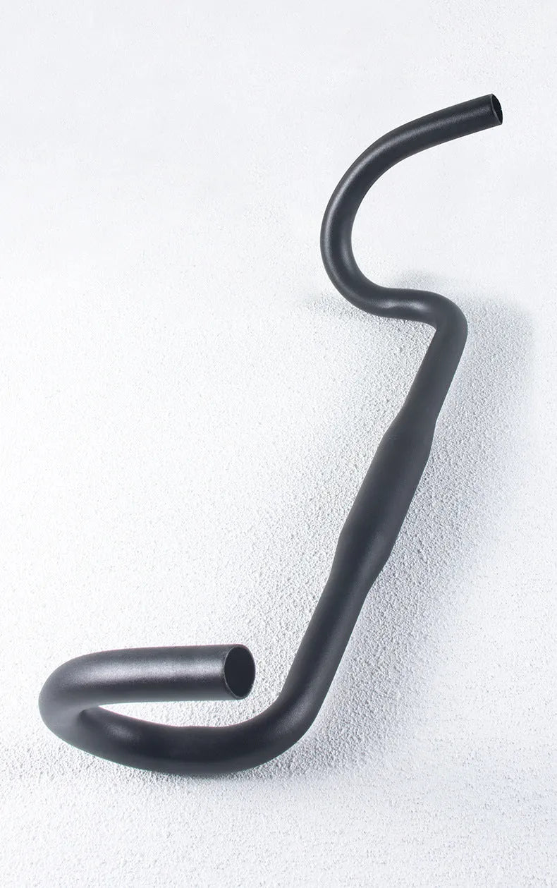 Black aluminium road bike bent handlebar showing 420mm width and 31.8mm clamp diameter