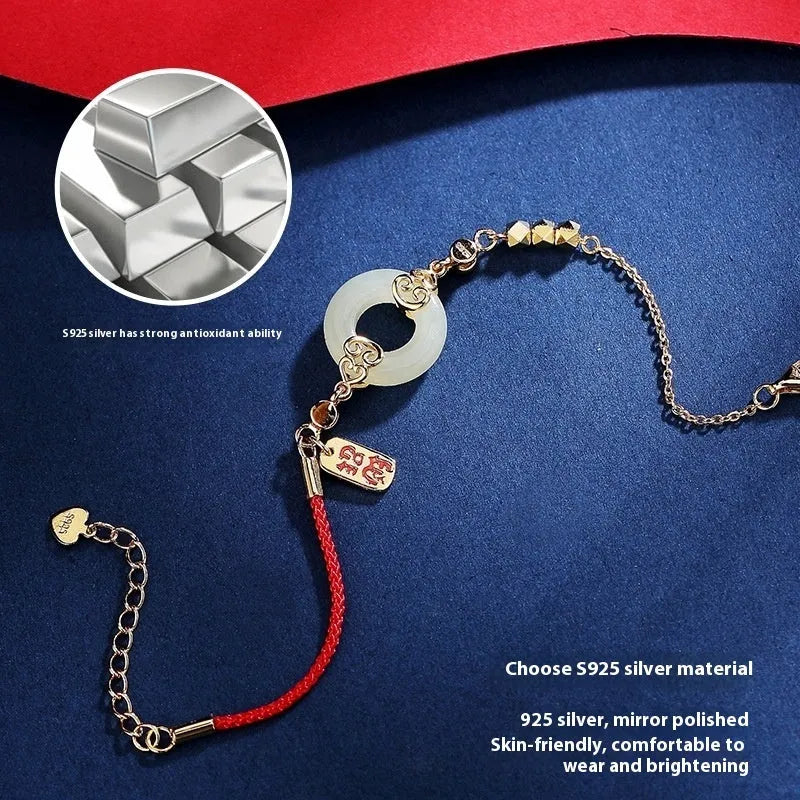Hetian jade and 925 sterling silver jewellery set including bracelet, necklace, and earrings with Chinese Fu Lu Shou motifs.