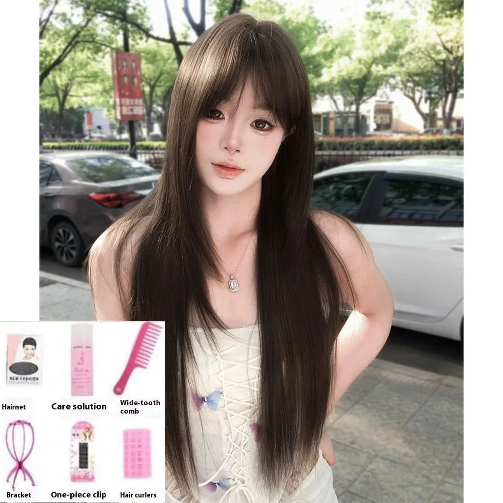 Brown black ladies' synthetic wig with high-temperature fibre hair material and wear-free hair net