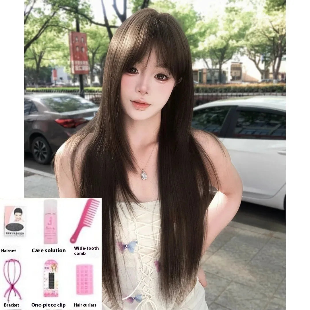 Brown black ladies' synthetic wig with high-temperature fibre hair material and wear-free hair net