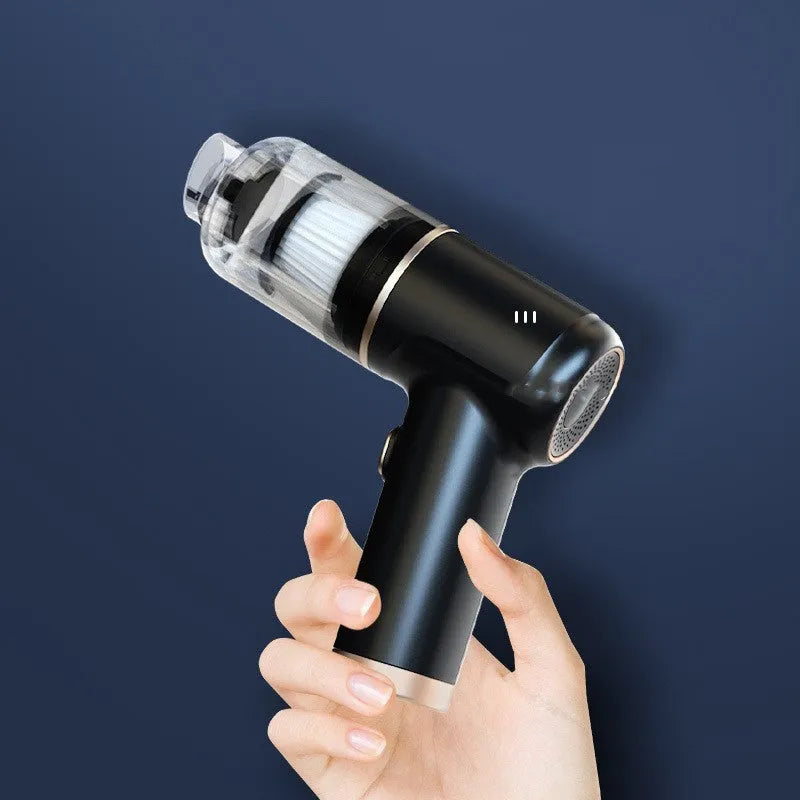 Black cordless car and home vacuum cleaner with inflation function and full accessory kit on a white background.