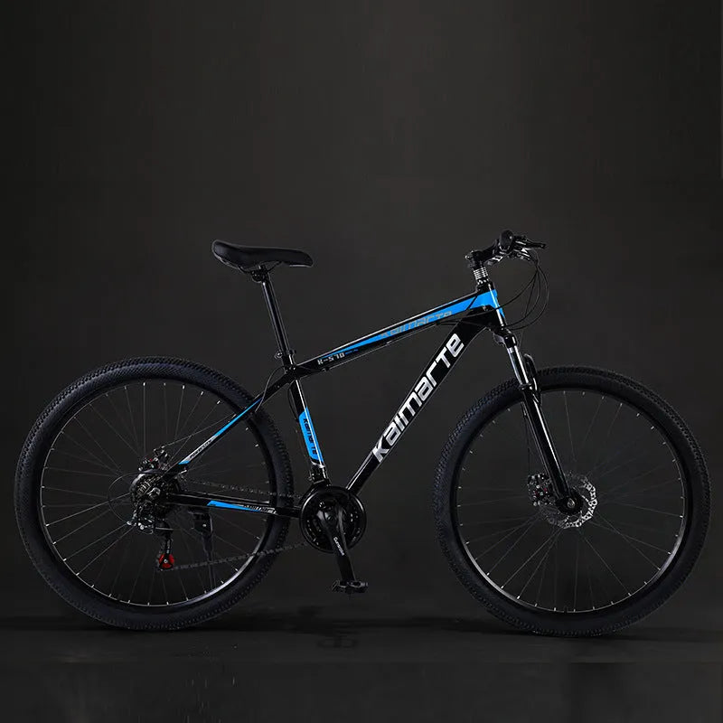 Aluminium alloy mountain bike with disc brakes and front suspension in black and blue colour