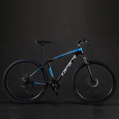 Aluminium alloy mountain bike with disc brakes and front suspension in black and blue colour