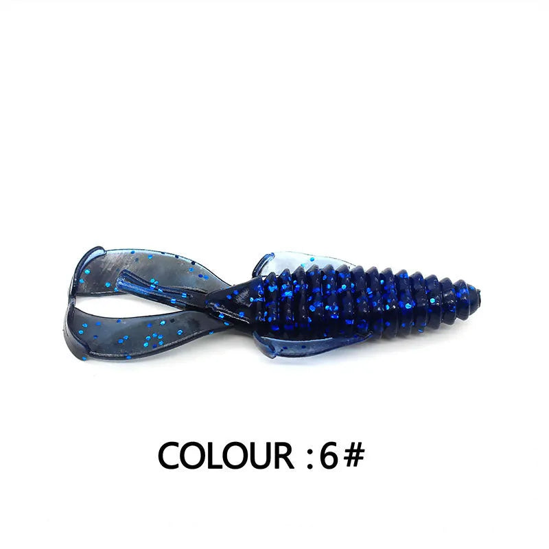 PVC fishing soft bait lure showing two size options: 8cm and 12cm versions in multiple colour patterns