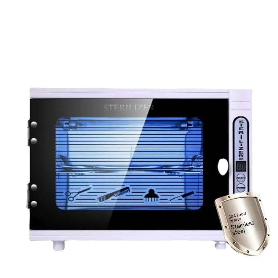 Silver ultraviolet steriliser machine with dimensions for salon tool disinfection