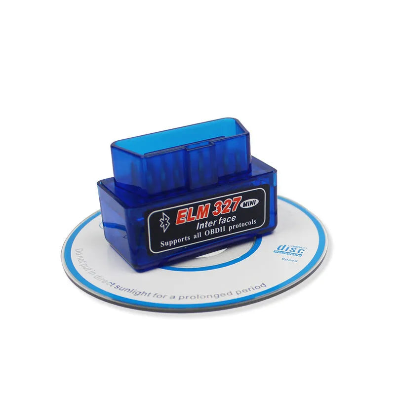 Compact blue and black Bluetooth OBD2 car diagnostic scanner with ELM327 chip.