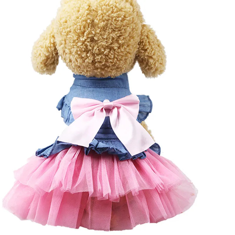 Creative Bow Pet Denim Skirt, Korean style, white yarn option with bow detail on denim fabric