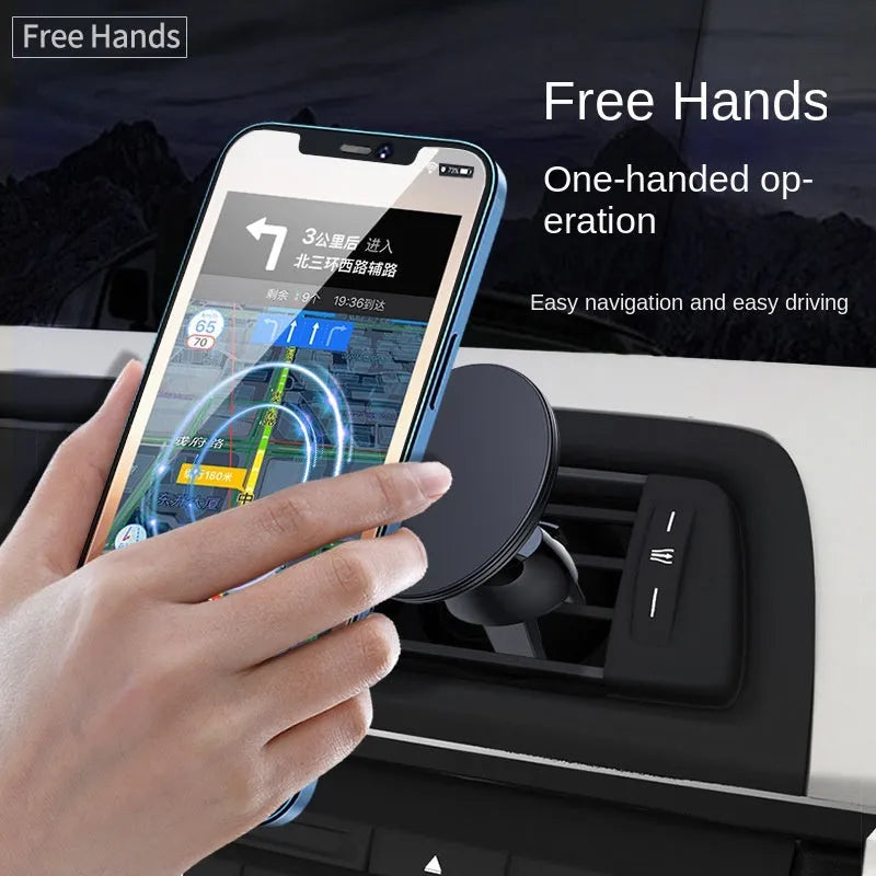 Black aluminium alloy magnetic phone holder attached to car air vent