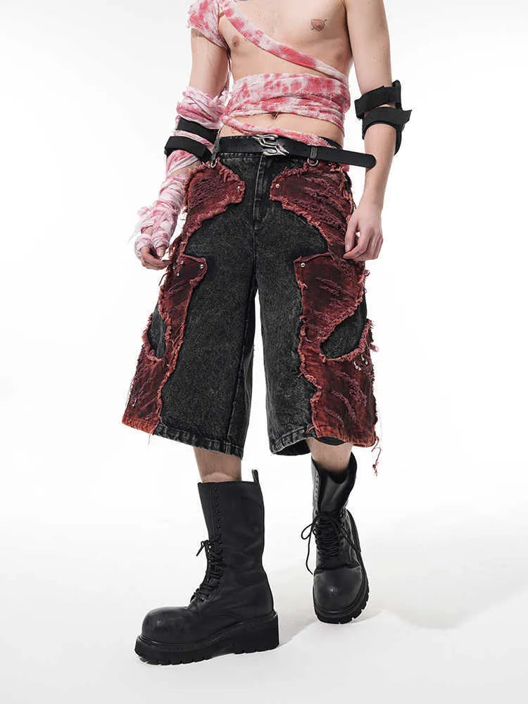 Distressed wide-leg denim cropped pants with brushed stitching and mid-high waist