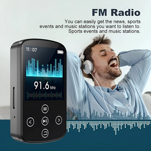 Black Bluetooth music player with 1.5-inch touch screen and buttons, 60x35x18mm