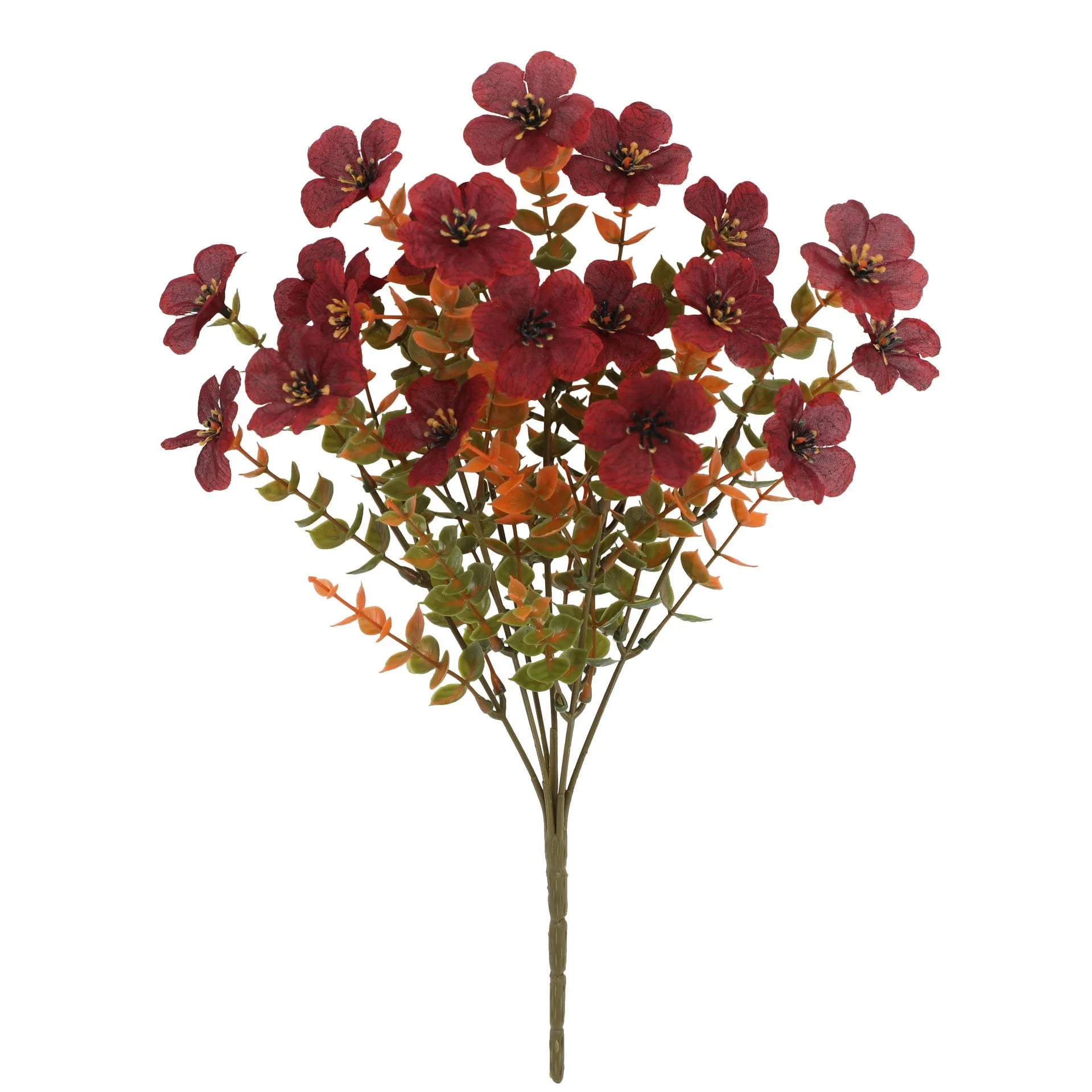Plastic artificial flower bouquet with silk details in autumn orange, orange yellow, red or yellow for home and wedding decoration