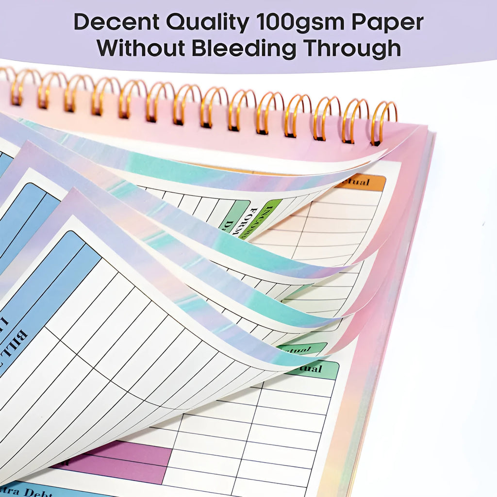 B5 budget tally notebook with a blue PP cover and spiral binding, open on a table.