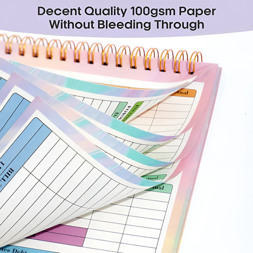 B5 budget tally notebook with a blue PP cover and spiral binding, open on a table.