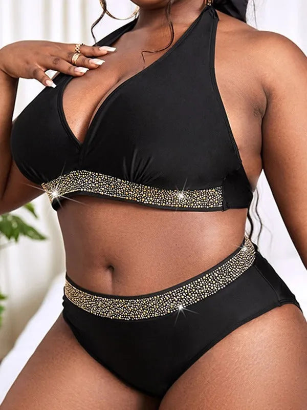 Black plus size women's bikini swimsuit set with bra and shorts