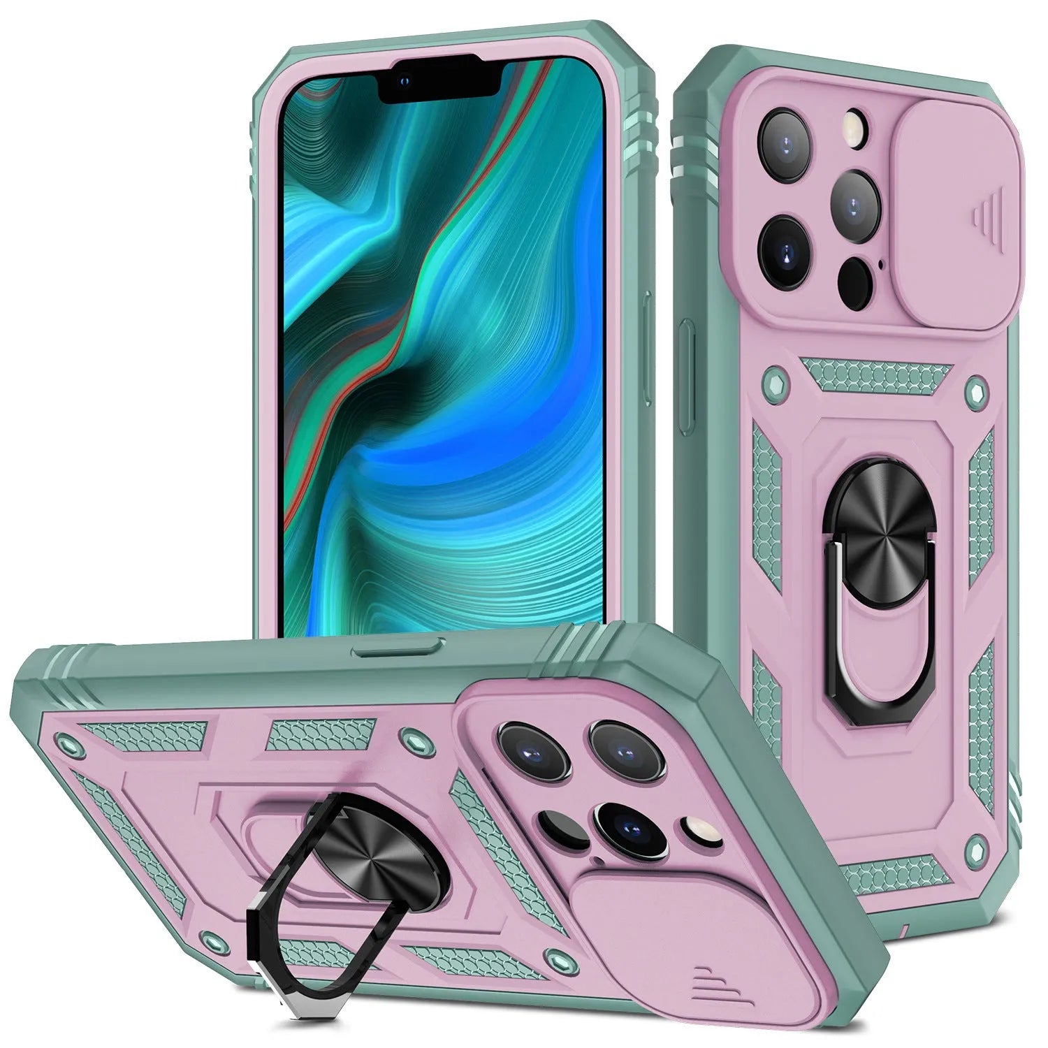 Magnetic sliding window back cover case for iPhone 12 and 13 phones in sapphire blue colour.