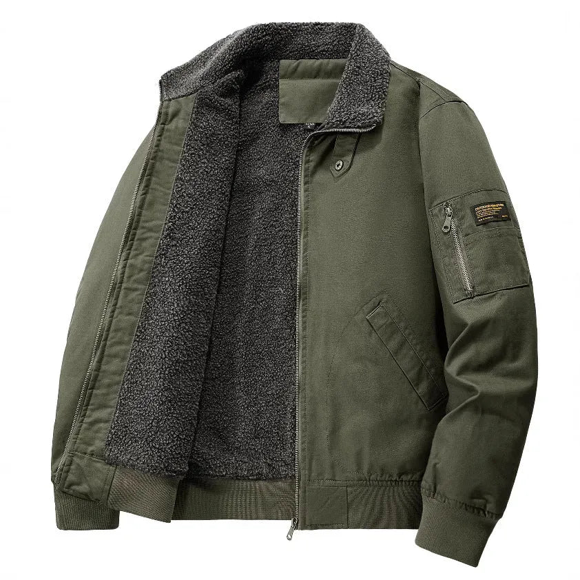 Men's winter fleece cotton coat in black with fleece lining and long sleeves