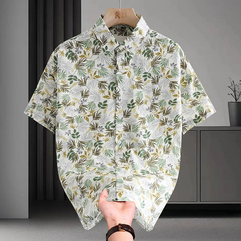 Men's floral print summer shirt with short sleeves and colourful Hawaiian pattern on cotton fabric