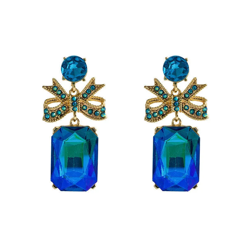Crystal bow heart earrings for women in zinc alloy, retro style, shown in red, blue, white, and pink