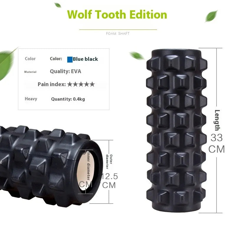 Black six-piece foam roller with gear pattern measuring 33cm long for muscle massage