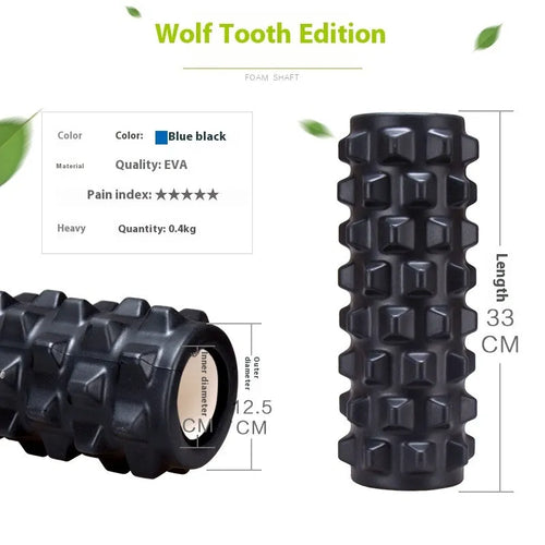 Black six-piece foam roller with gear pattern measuring 33cm long for muscle massage