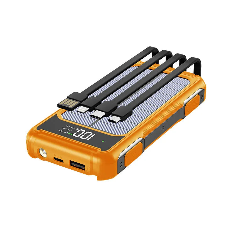 Black military grade portable power bank showing front panel with capacity rating and ports.