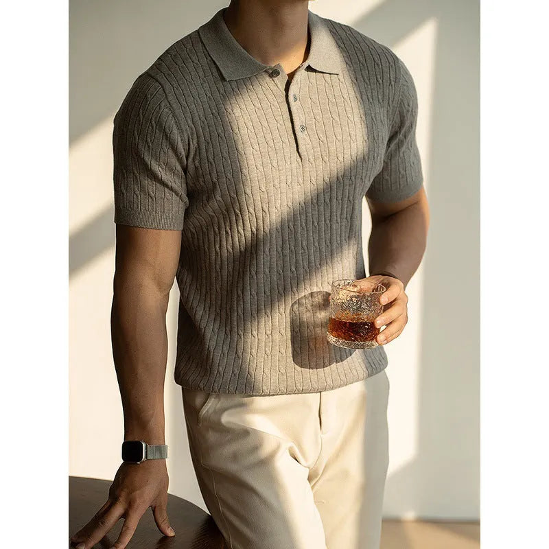 Men's khaki short-sleeve blend-fabric top for business casual and commute wear.