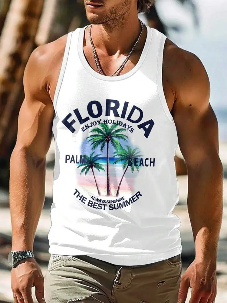 Men's 3D printed Hawaiian style sleeveless vest in solid colour on polyester pinhole cloth fabric