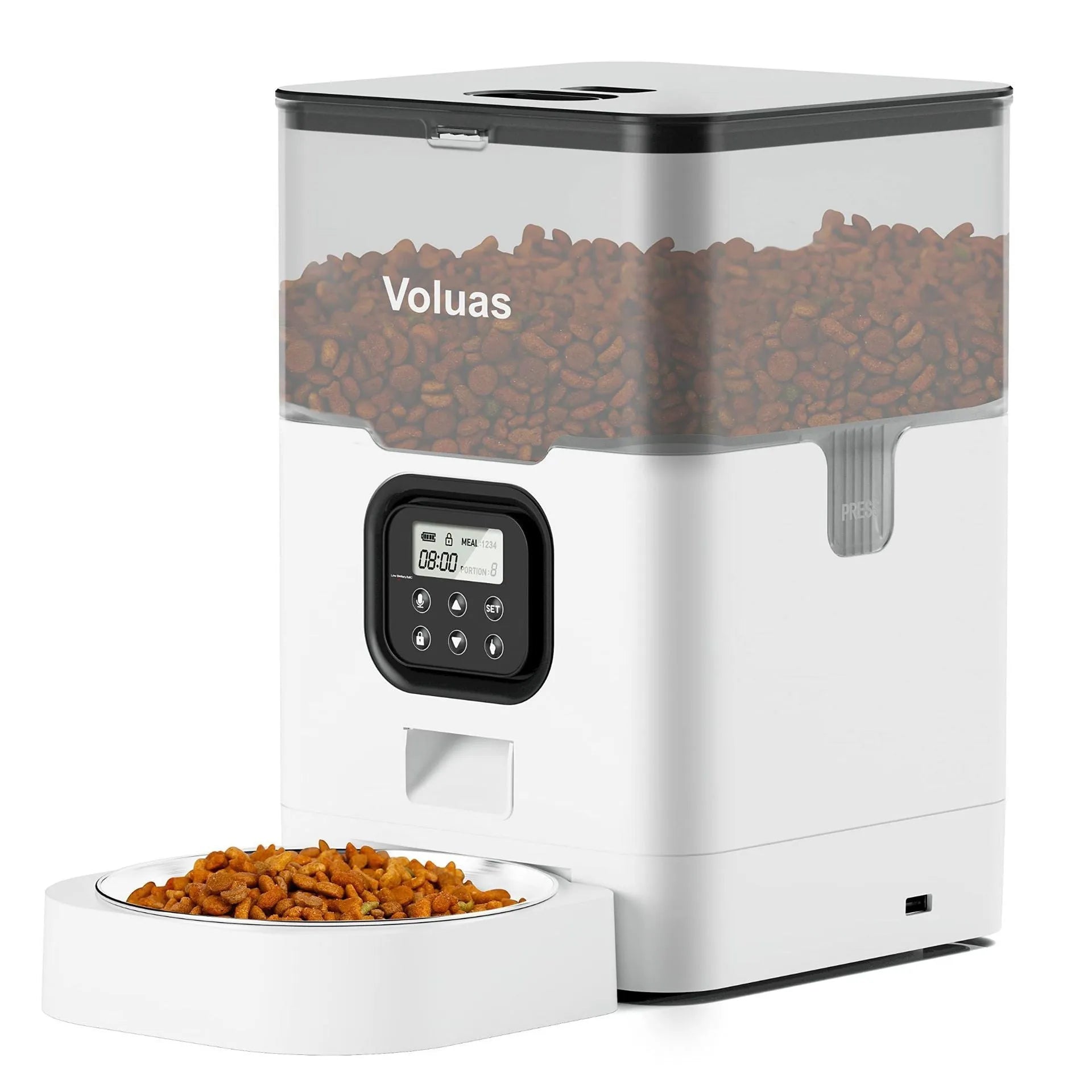 Household pet automatic double meal feeder with stainless steel plate and voice recorder, 4L capacity, black transparent finish