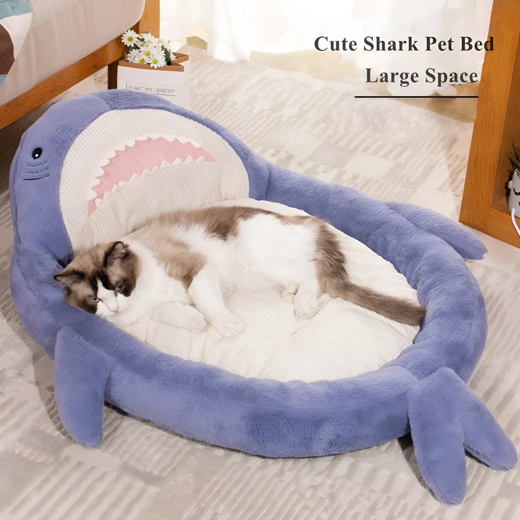 Blue shark pattern velvet pet bed cushion with PP cotton filling on wooden floor