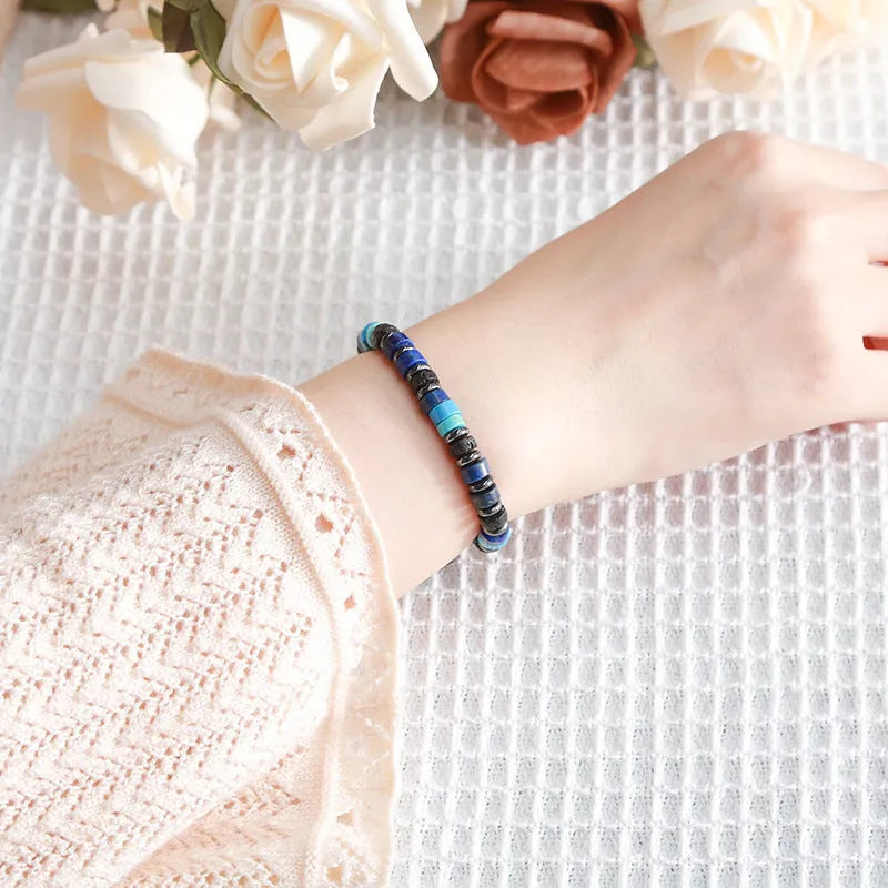 Natural grey haematite bracelet with 6mm geometric beads and blue lapis lazuli spacer option