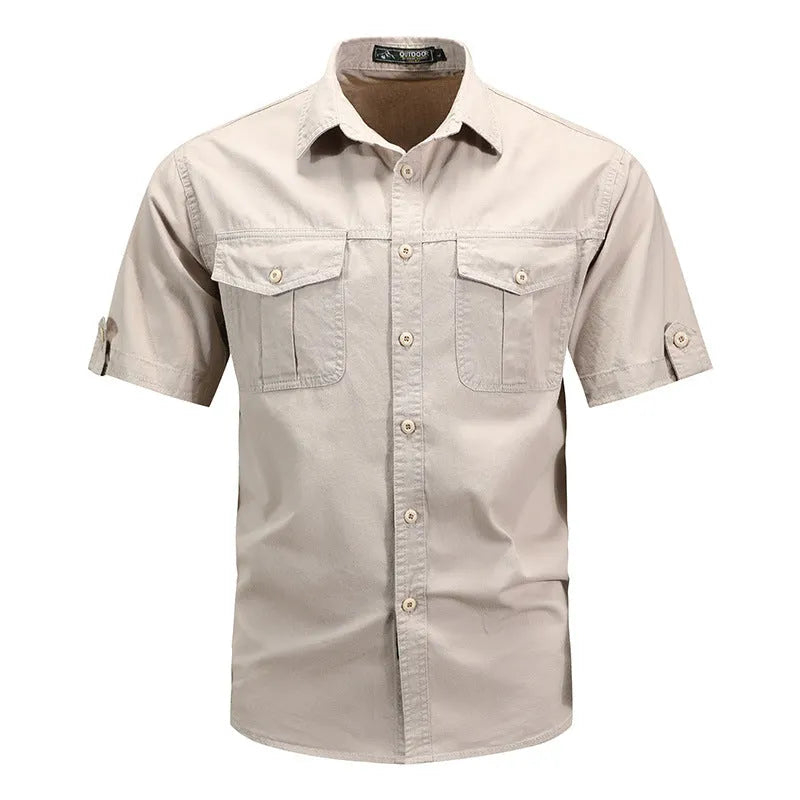 Men's short sleeve cotton shirt in khaki, regular fit cardigan style for summer casual wear