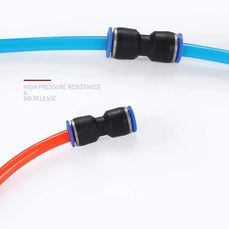 Blue pneumatic quick connector for straight through PU tubing connections in multiple sizes