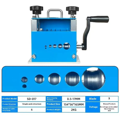 SD-017 manual wire stripping machine on a workbench, showing adjustable blades for cables from 0.5mm to 17mm diameter.