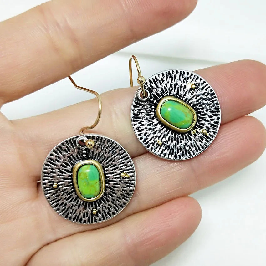 Retro turquoise and antique silver earrings with colour separation on alloy electroplated base