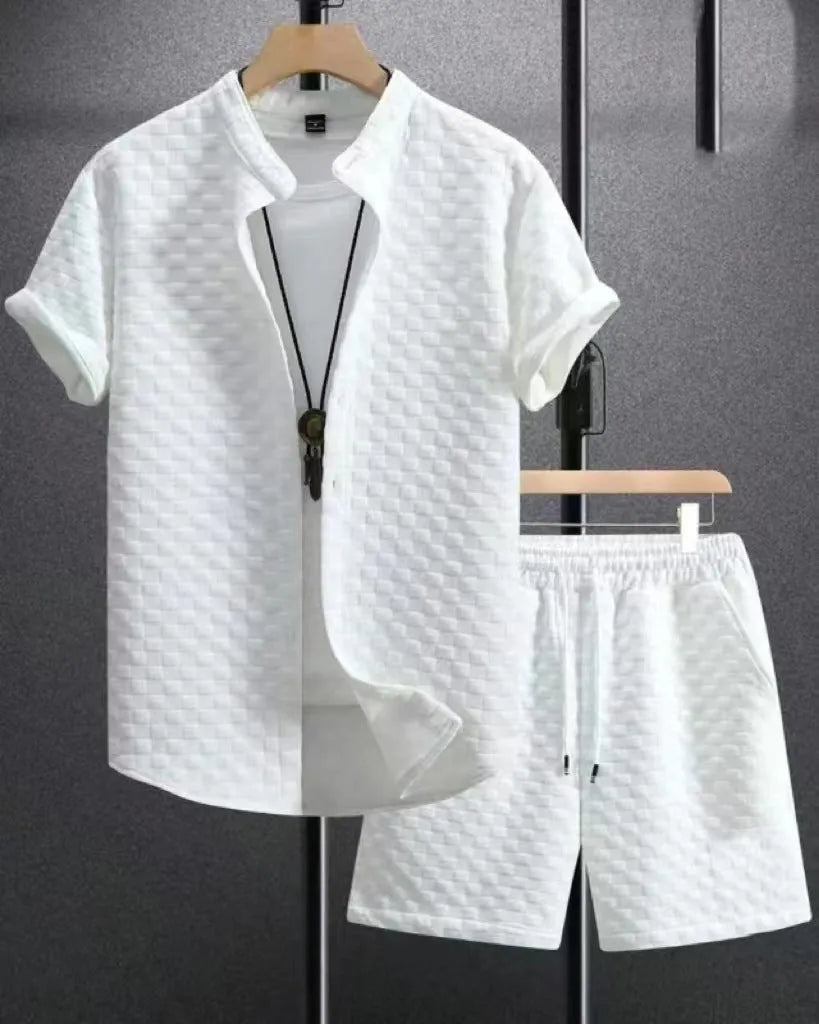 Short sleeve jacquard suit set with shorts in solid colour on a hanger