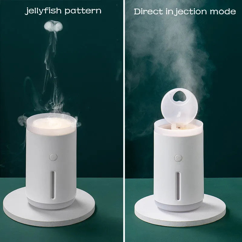 Porcelain white desktop humidifier with lamp showing 360ml water tank and compact design