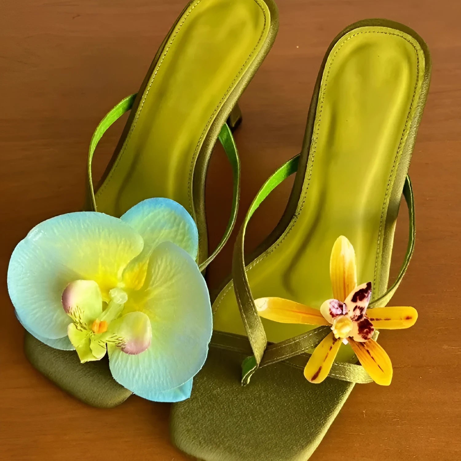 Handmade women's asymmetric flower sandals with high heel and square toe in black, green, pink, or white