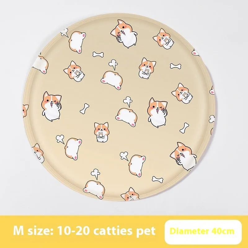 Round pet cooling mat with cartoon animal design showing gel technology for dogs