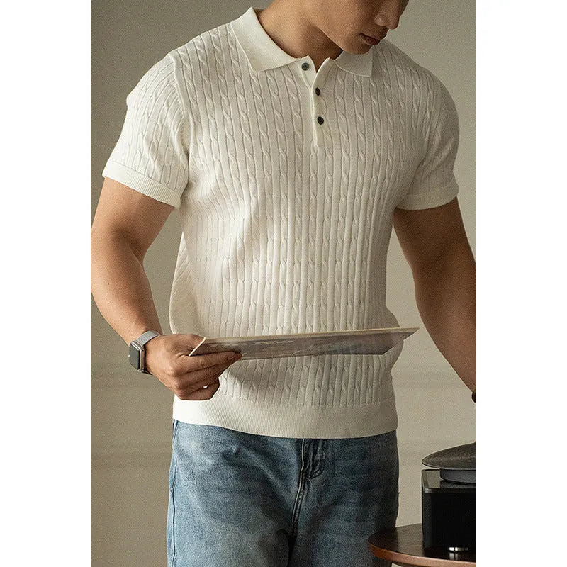 Men's khaki short-sleeve blend-fabric top for business casual and commute wear.