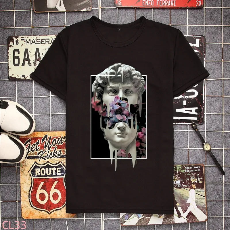 Mens black loose-fit short-sleeved t-shirt with round neck and heat transfer print, size 2XL available