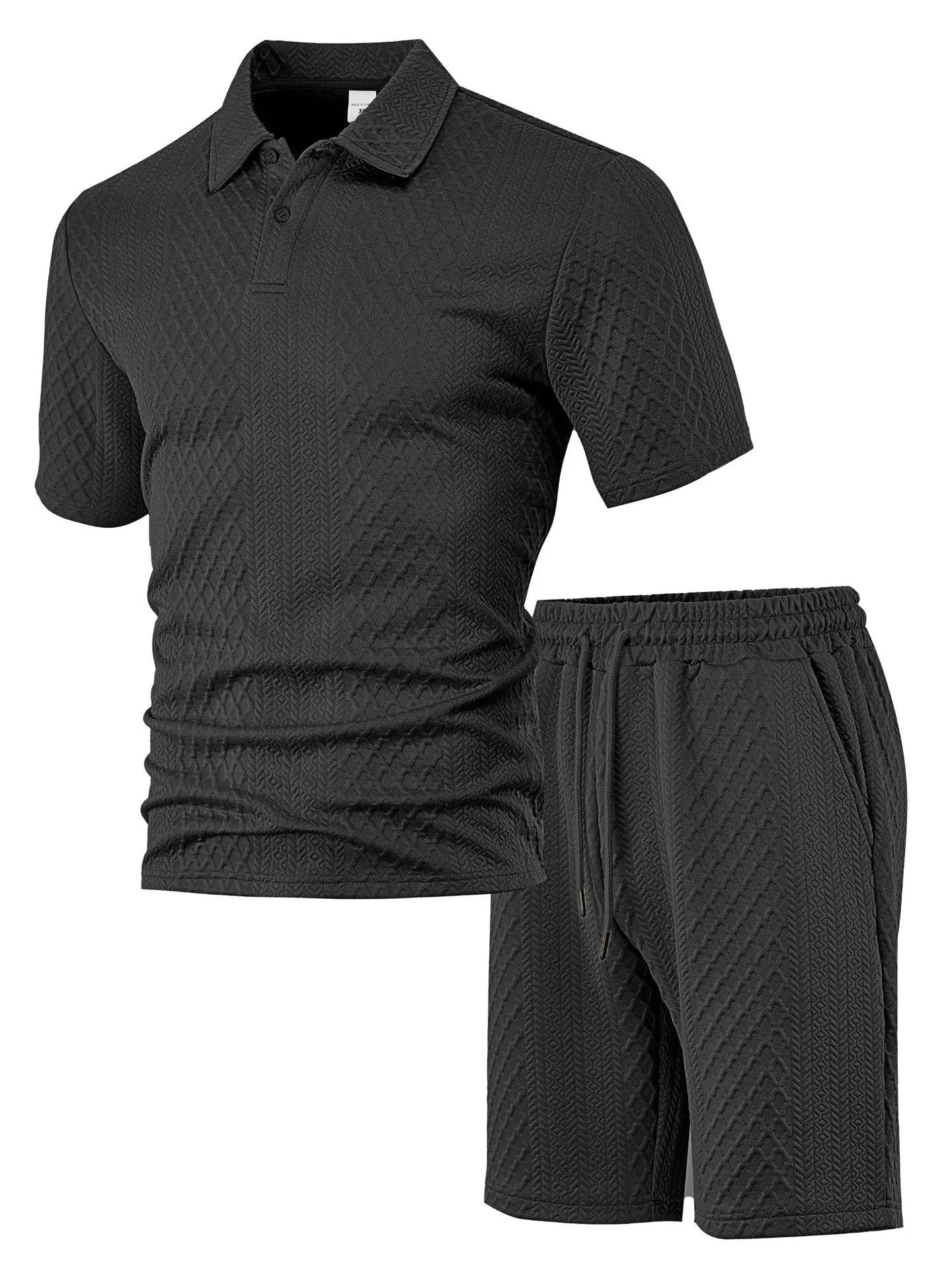 Men's patterned polyester casual suit with short-sleeve polo shirt and trousers in multiple colour options