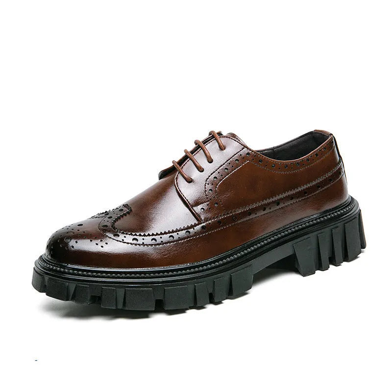 Men's black and brown business brogue shoes with round toe design and artificial leather construction