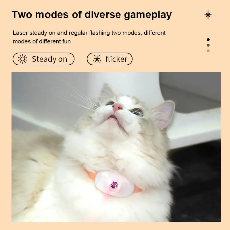 USB rechargeable interactive laser cat teasing collar in green and pink colours on an adjustable nylon strap