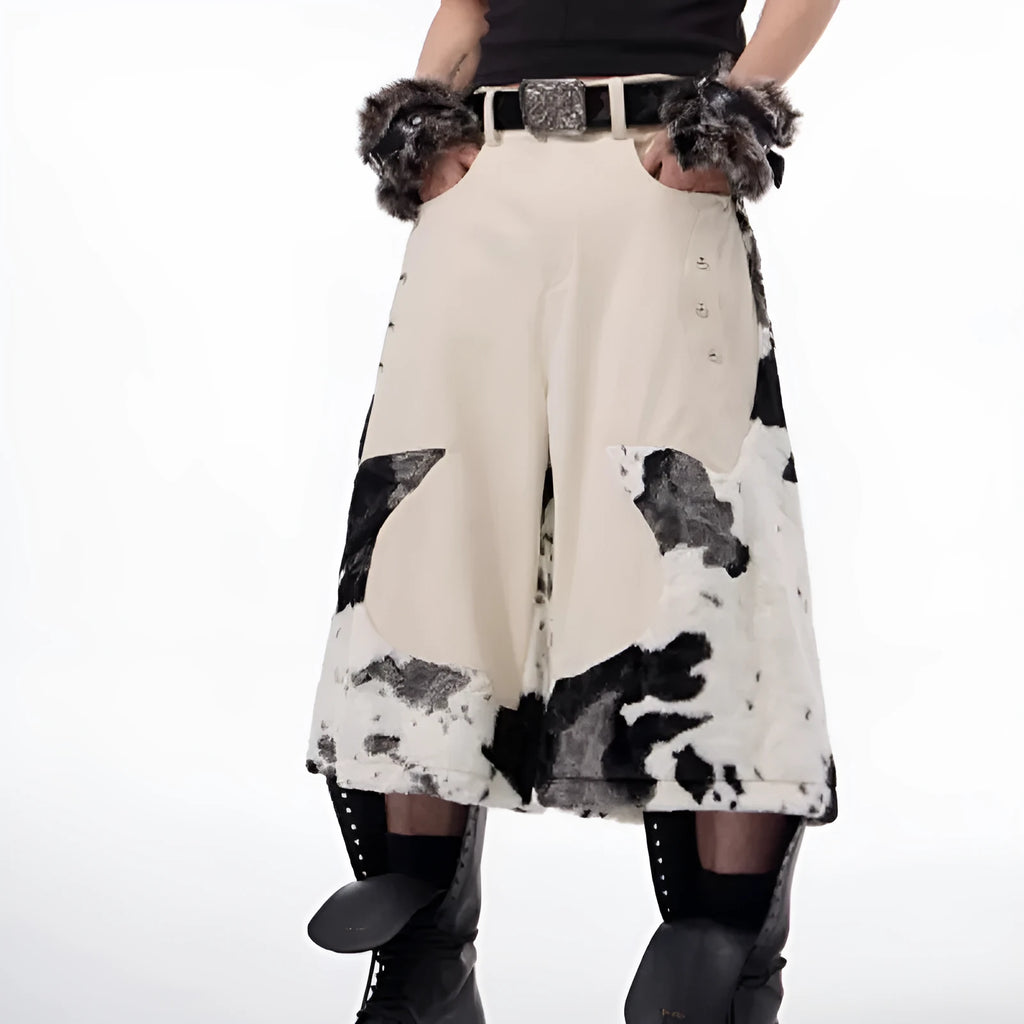 Cropped trousers in milk fibre with stitched decorative pattern options including check, stripe, print and embroidery.