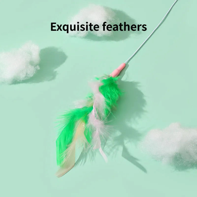 Green interactive cat feather wand toy with bell attachment on a durable stick