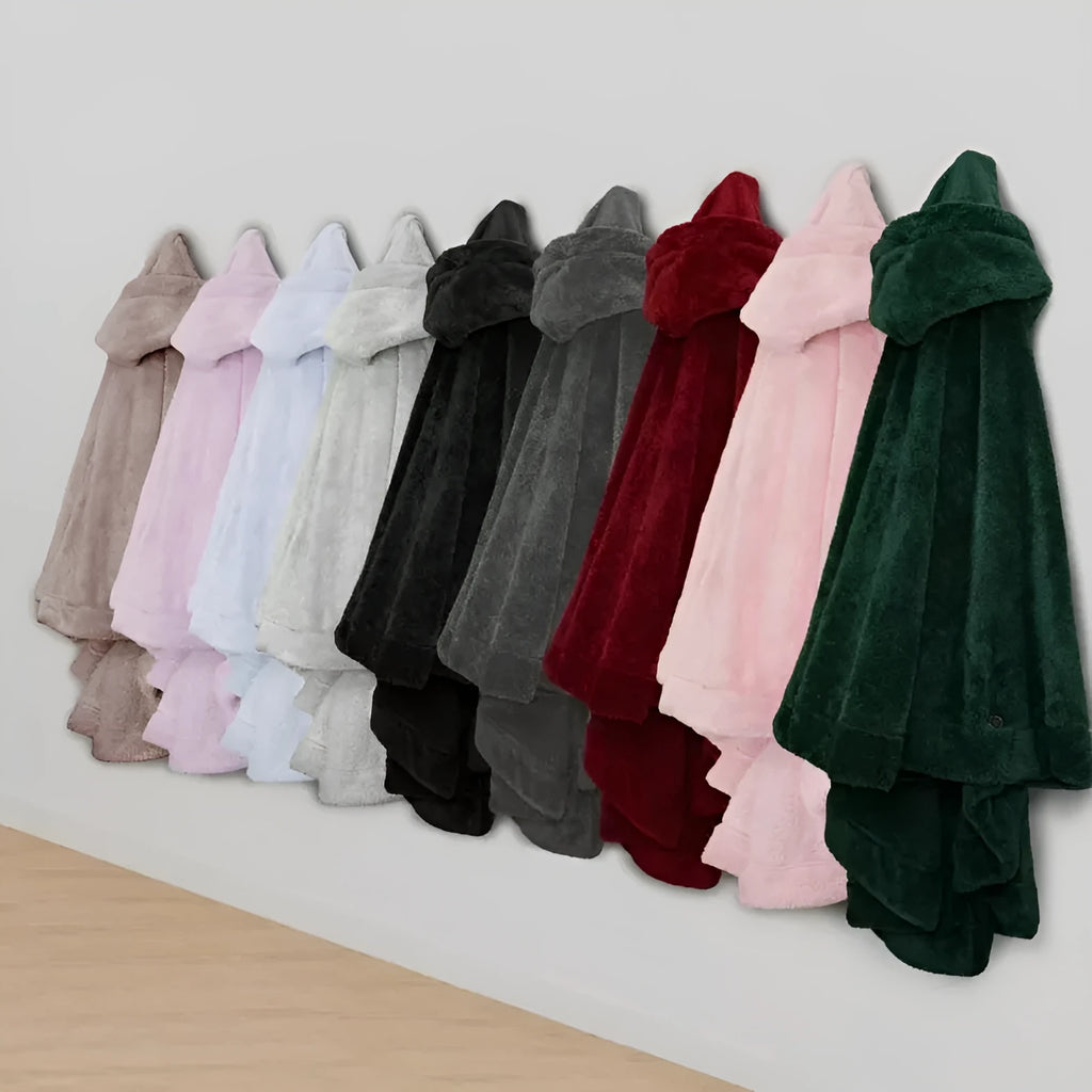 Thickened hooded bathrobe in polyester fabric with cardigan-style closure, shown in available colours