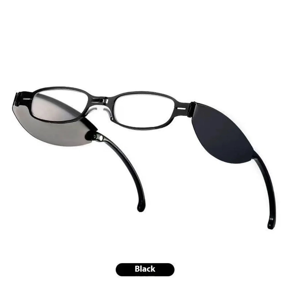 Folding presbyopic glasses in black retro frame showing folded and open positions